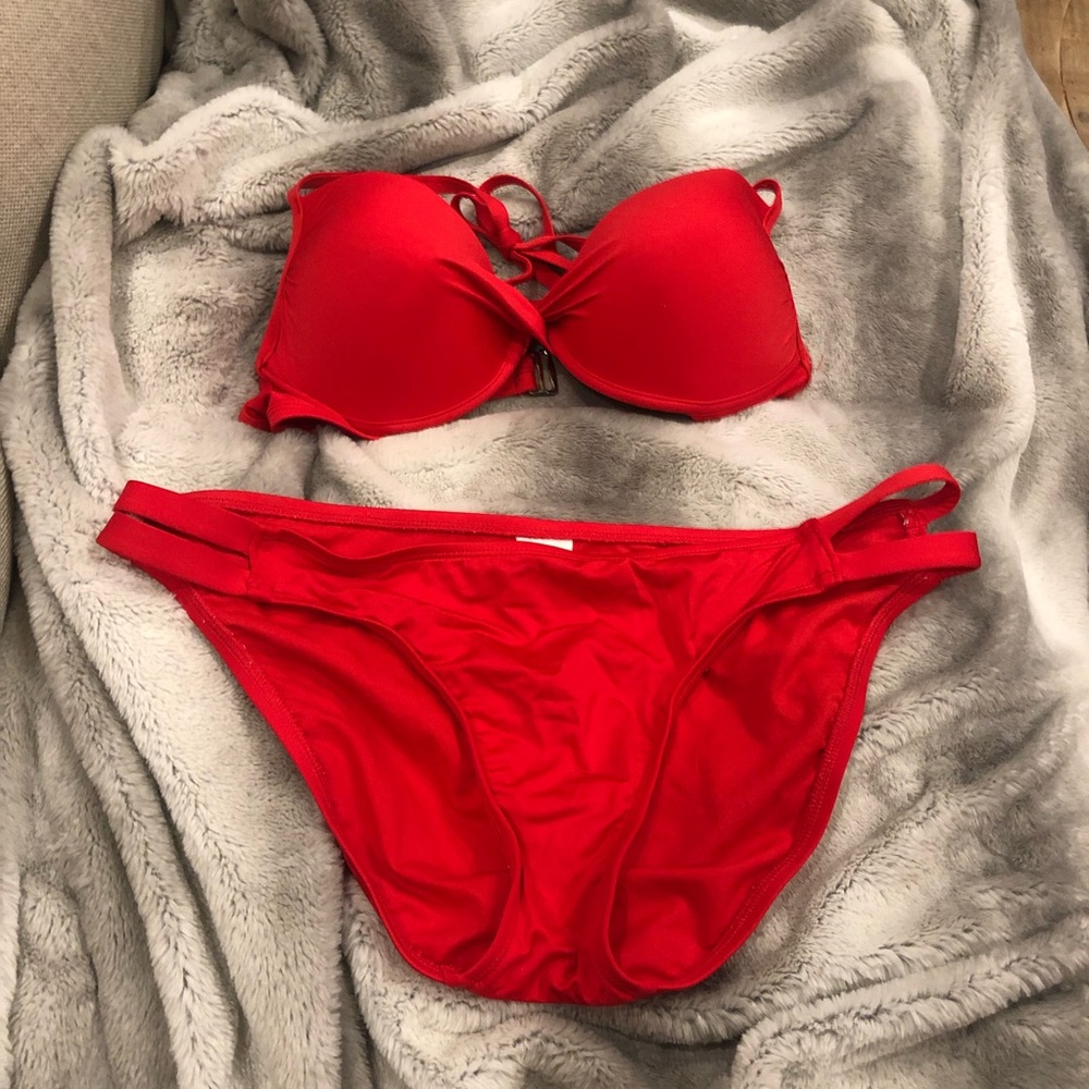 Red Bikini- top size large, bottoms size XL